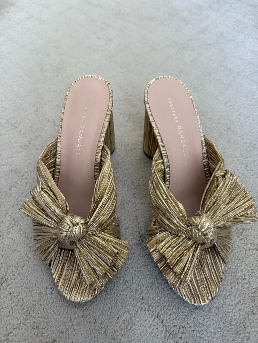 Loeffler Randall Metallic Gold Knotted Block Heel Mules